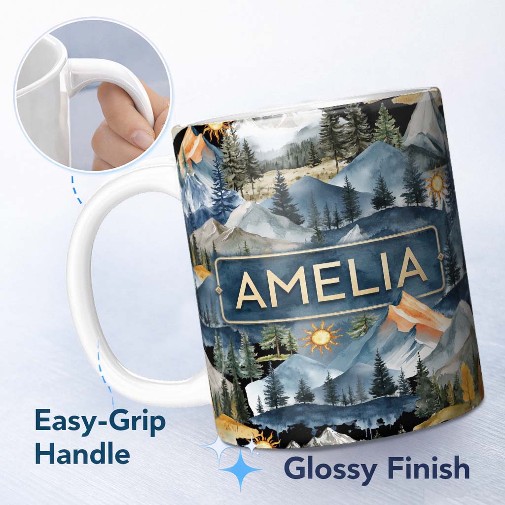 Personalized Custom Name Watercolour Mountain Landscape with Pine Trees and Sun Artistic 11oz Ceramic Coffee Tea Mug White Large Handle