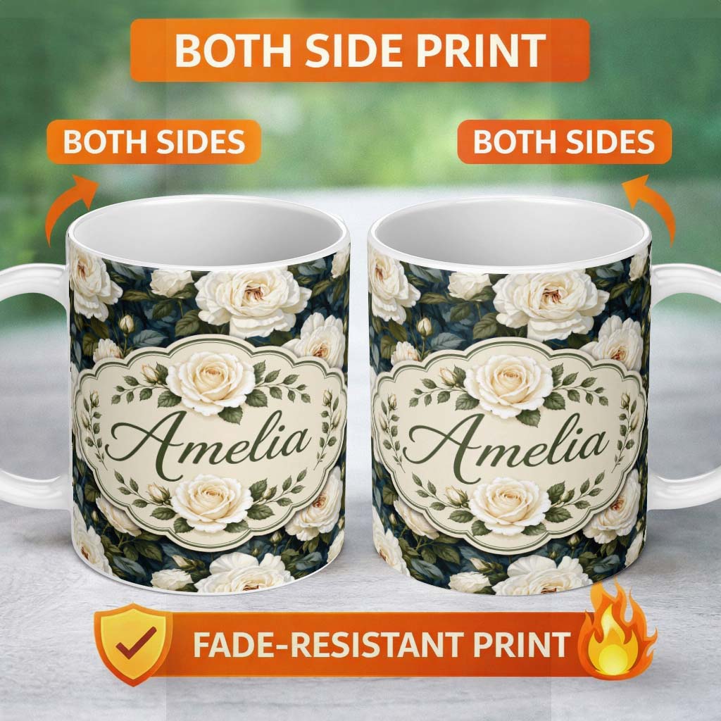 Personalized Custom Name Romantic White Roses Dark Botanical Garden Seamless Pattern Lovely 11oz Ceramic Coffee Tea Mug White Large Handle
