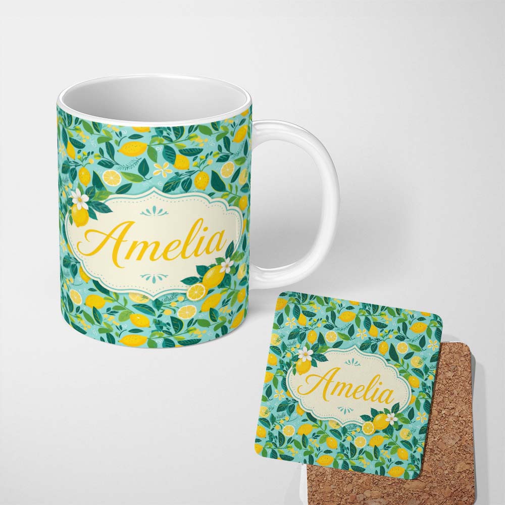 Personalized Custom Name Fresh Lemon and Leaf Scatter Pattern on Teal Background Seamless 11oz Ceramic Coffee Tea Mug White Large Handle