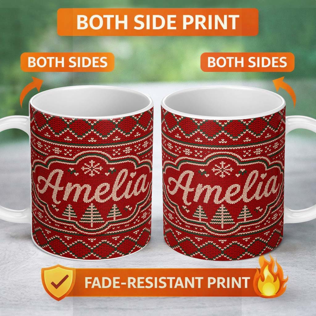 Personalized Custom Name Cute Red Heart Christmas Tree Festive Nordic Knitted Seamless Lovely 11oz Ceramic Coffee Tea Mug White Large Handle
