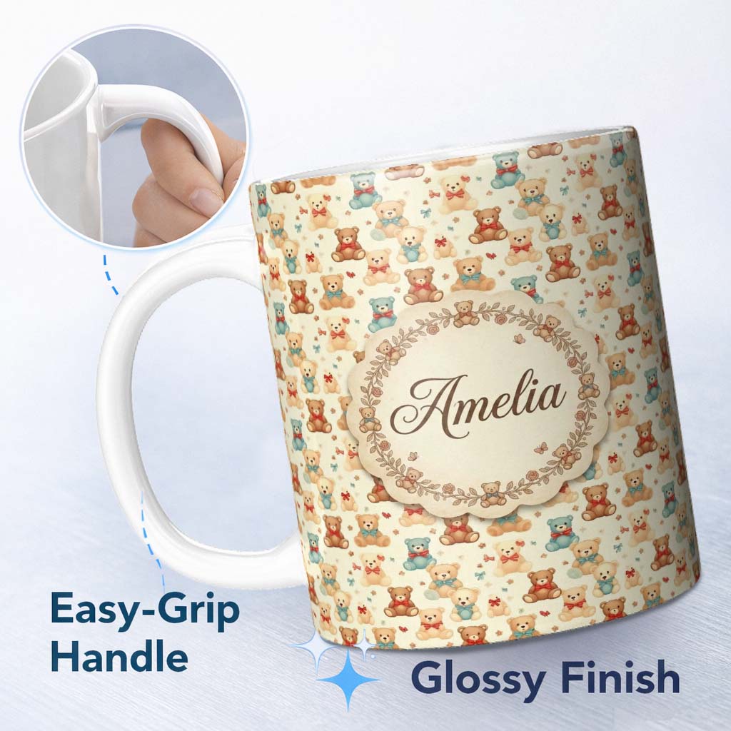 Personalized Custom Name Cute Multicolor Teddy Bears with Bows and Floral Accents Seamless 11oz Ceramic Coffee Tea Mug White Large Handle