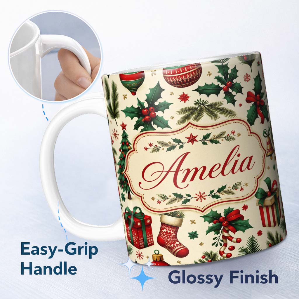 Personalized Custom Name Festive Christmas Gifts Stockings Holly Leaves Bells Seamless Lovely 11oz Ceramic Coffee Tea Mug White Large Handle