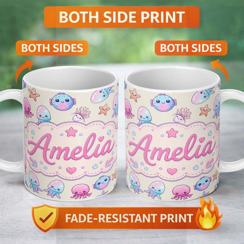 Personalized Custom Name Kawaii Jellyfish Starfish and Sea Creatures Pastel Beige Background 11oz Ceramic Coffee Tea Mug White Large Handle