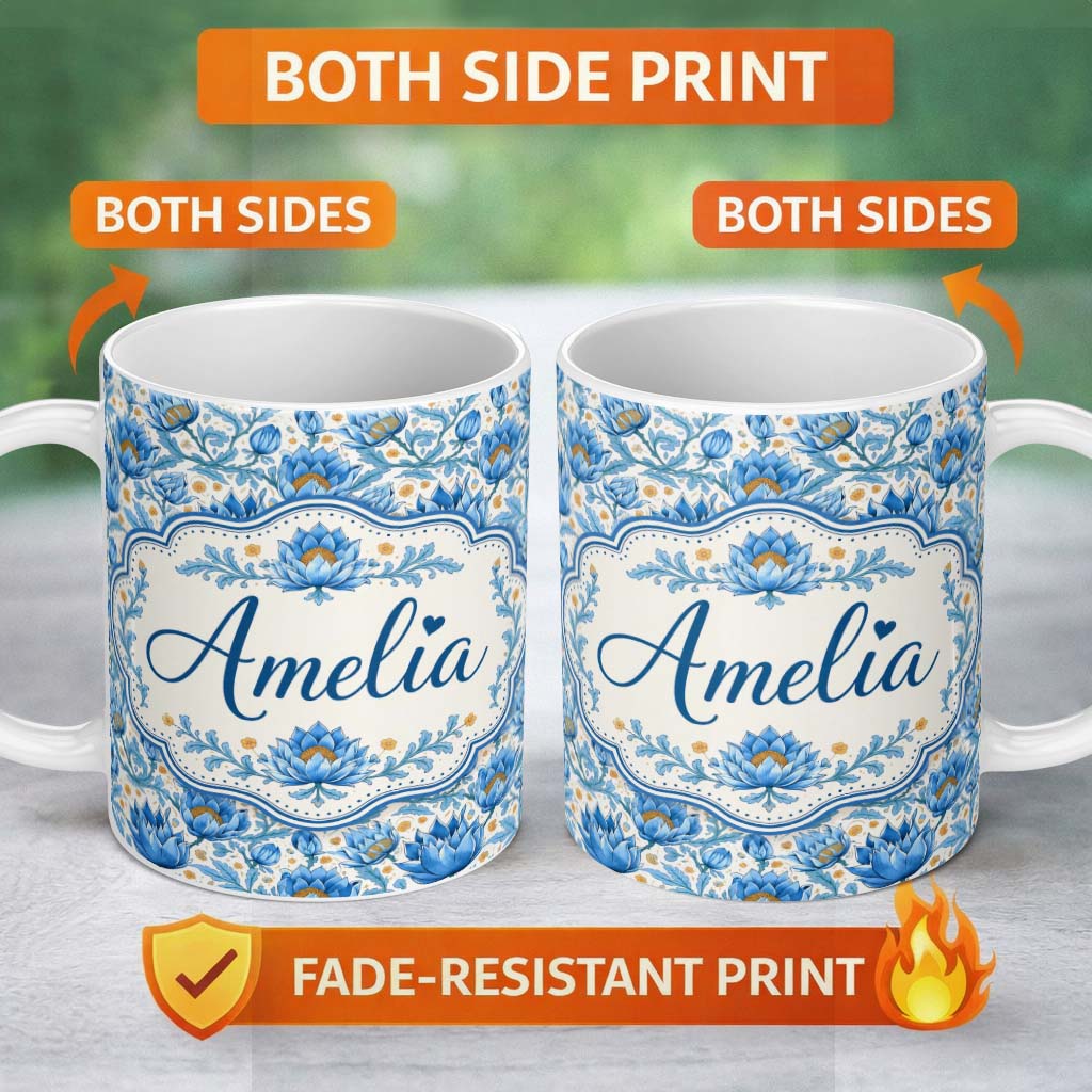 Personalized Custom Name Detailed Blue Floral Pattern with Ornamental Botanical Motifs Lovely 11oz Ceramic Coffee Tea Mug White Large Handle