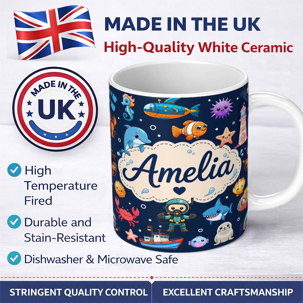 Personalized Custom Name Cartoon Ocean with Various Sea Creatures on Deep Navy Background 11oz Ceramic Coffee Tea Mug White Large Handle