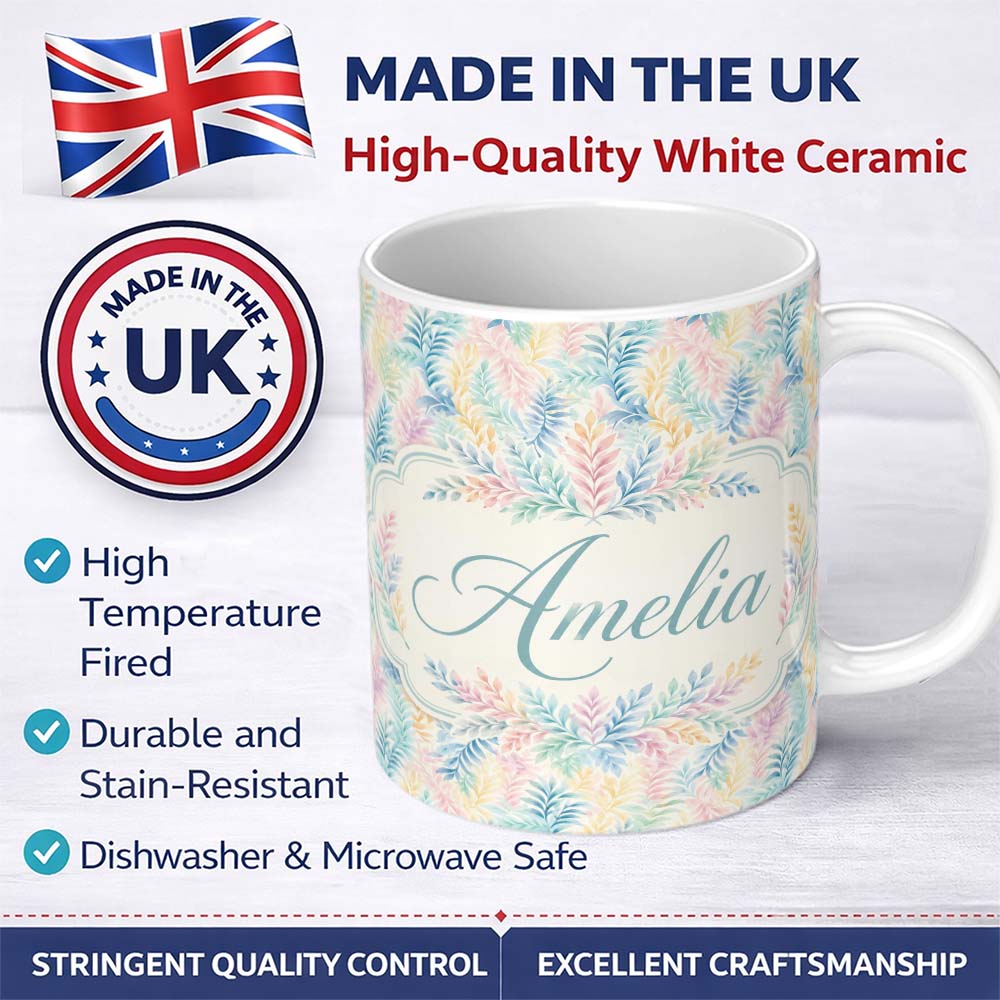 Personalized Custom Name Soft Pastel Botanical Leaves Seamless Watercolor Pattern Lovely 11oz Ceramic Coffee Tea Mug White Large Handle