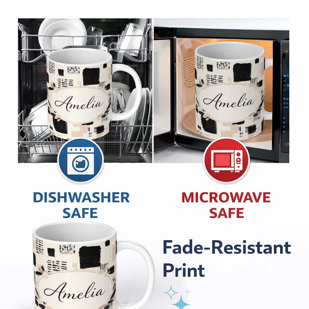 Personalized Custom Name Textured Brush Blocks Black Beige Artistic Abstract Pattern Lovely 11oz Ceramic Coffee Tea Mug White Large Handle