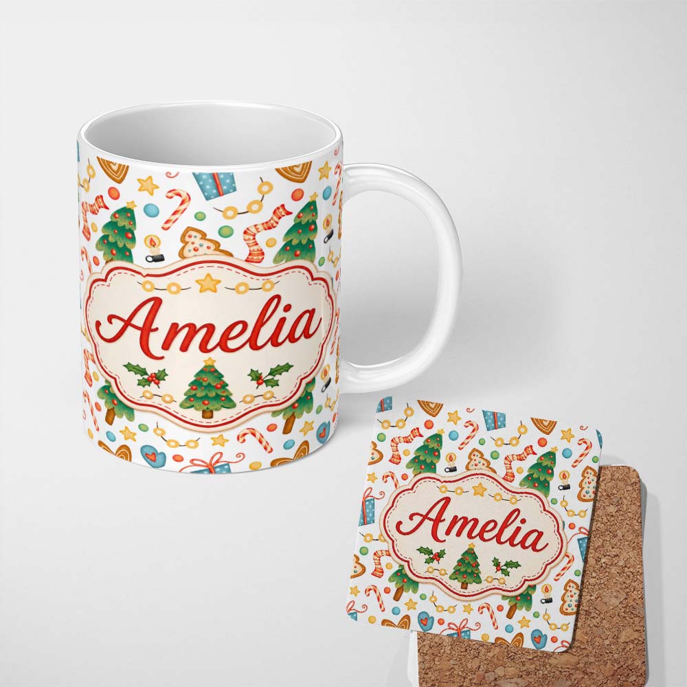 Personalized Custom Name Cute Christmas Cookies Candy Canes Gifts and Tree Seamless Pattern 11oz Ceramic Coffee Tea Mug White Large Handle