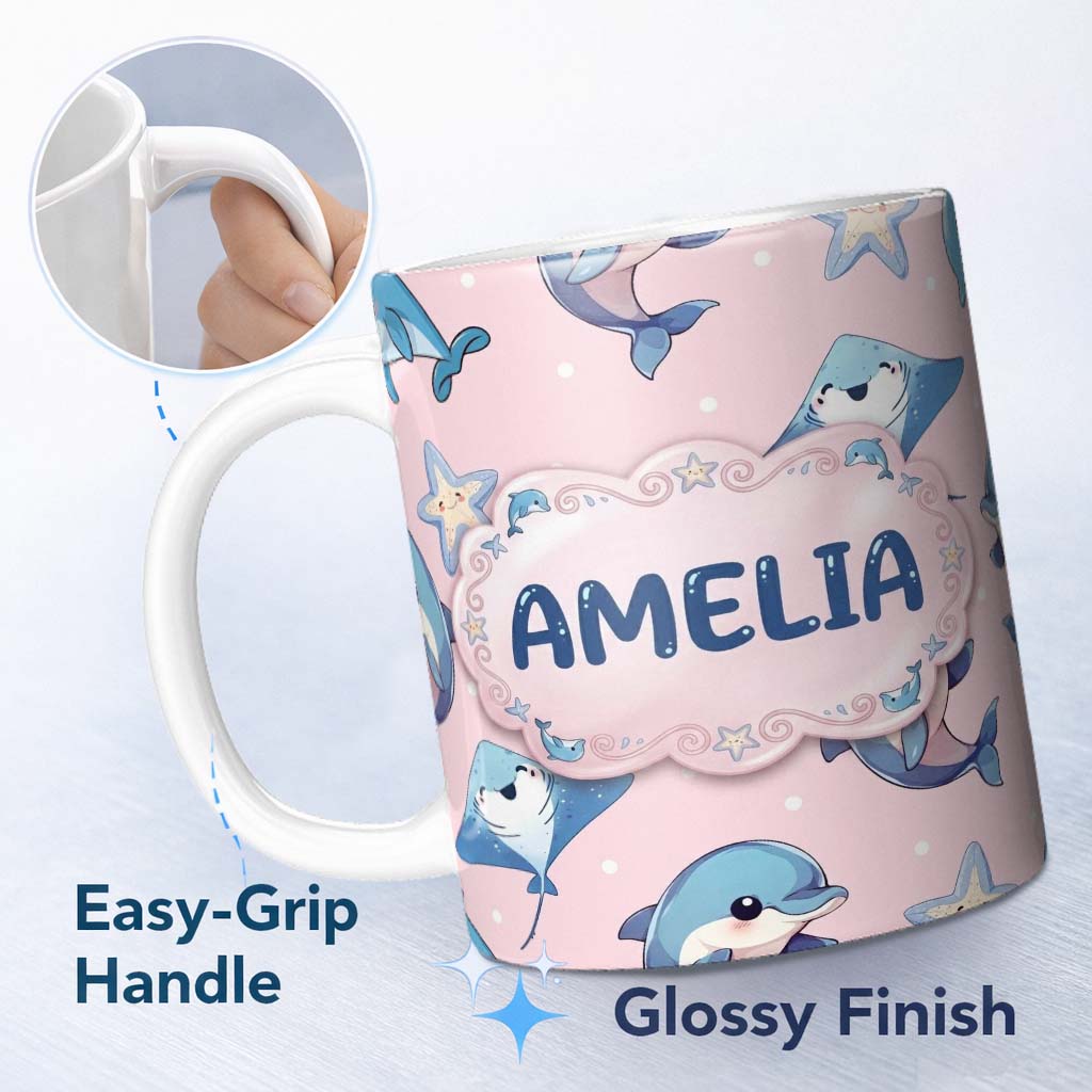 Personalized Custom Name Cute Dolphin Stingray Starfish Cartoon Sea Life Pattern Pink Lovely 11oz Ceramic Coffee Tea Mug White Large Handle