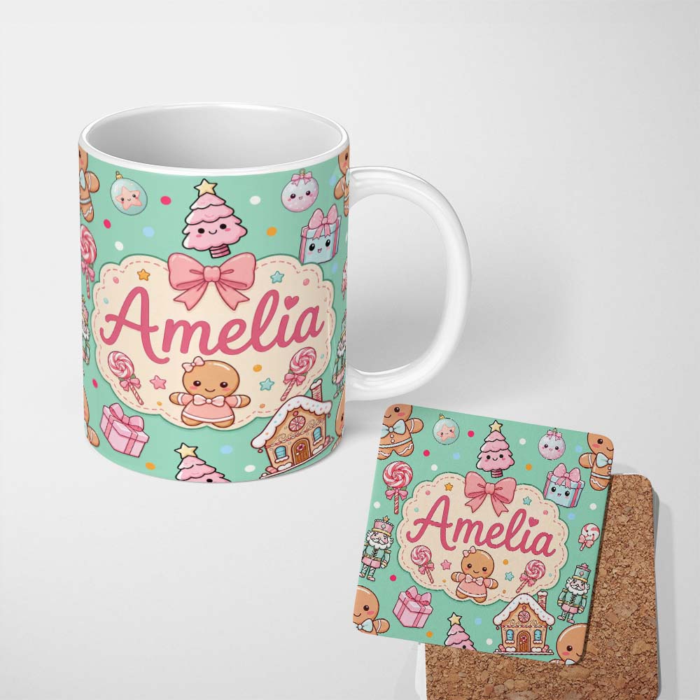Personalized Custom Name Cute Christmas Gingerbread Candy Gift House Seamless Pattern Green 11oz Ceramic Coffee Tea Mug White Large Handle
