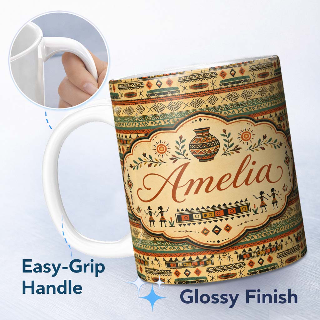 Personalized Custom Name Geometric Tribal Stripe with Ethnic Shapes in Earthy Orange and 11oz Ceramic Coffee Tea Mug White Large Handle