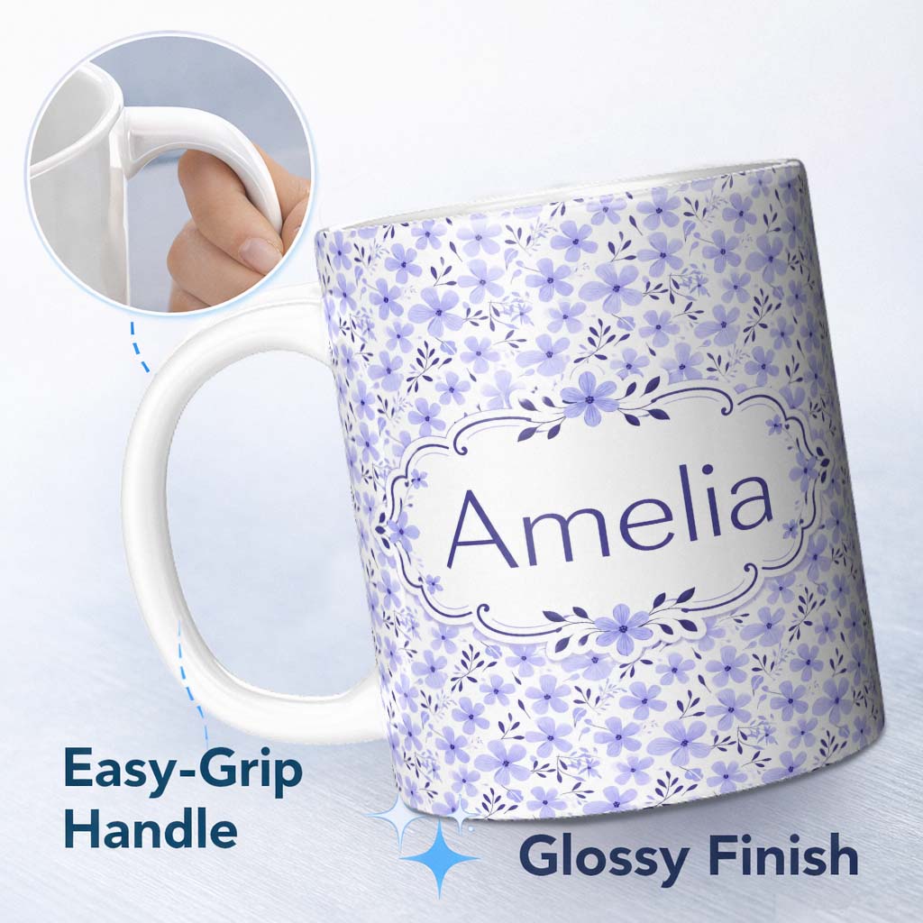 Personalized Custom Name Purple Floral Meadow Seamless Pattern Simple Botanical Repeat Design 11oz Ceramic Coffee Tea Mug White Large Handle