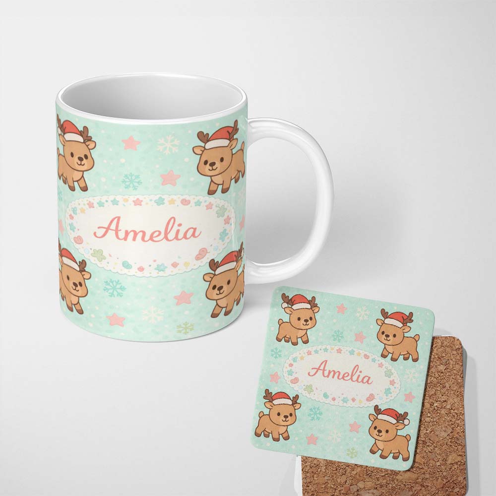 Personalized Custom Name Cute Christmas Reindeer Cartoon Animal Pattern Perfect Gift for Her 11oz Ceramic Coffee Tea Mug White Large Handle