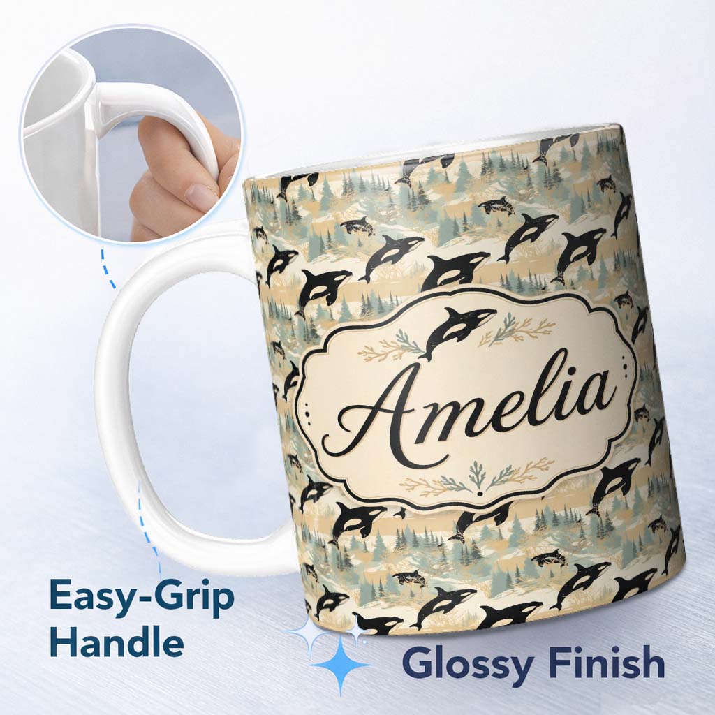 Personalized Custom Name Vintage Style Orca Whale Landscape Seamless Pattern Nautical Scene 11oz Ceramic Coffee Tea Mug White Large Handle