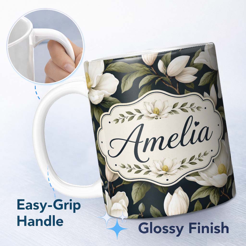 Personalized Custom Name White Magnolia Floral Design on Dark Background Seamless Pattern 11oz Ceramic Coffee Tea Mug White Large Handle