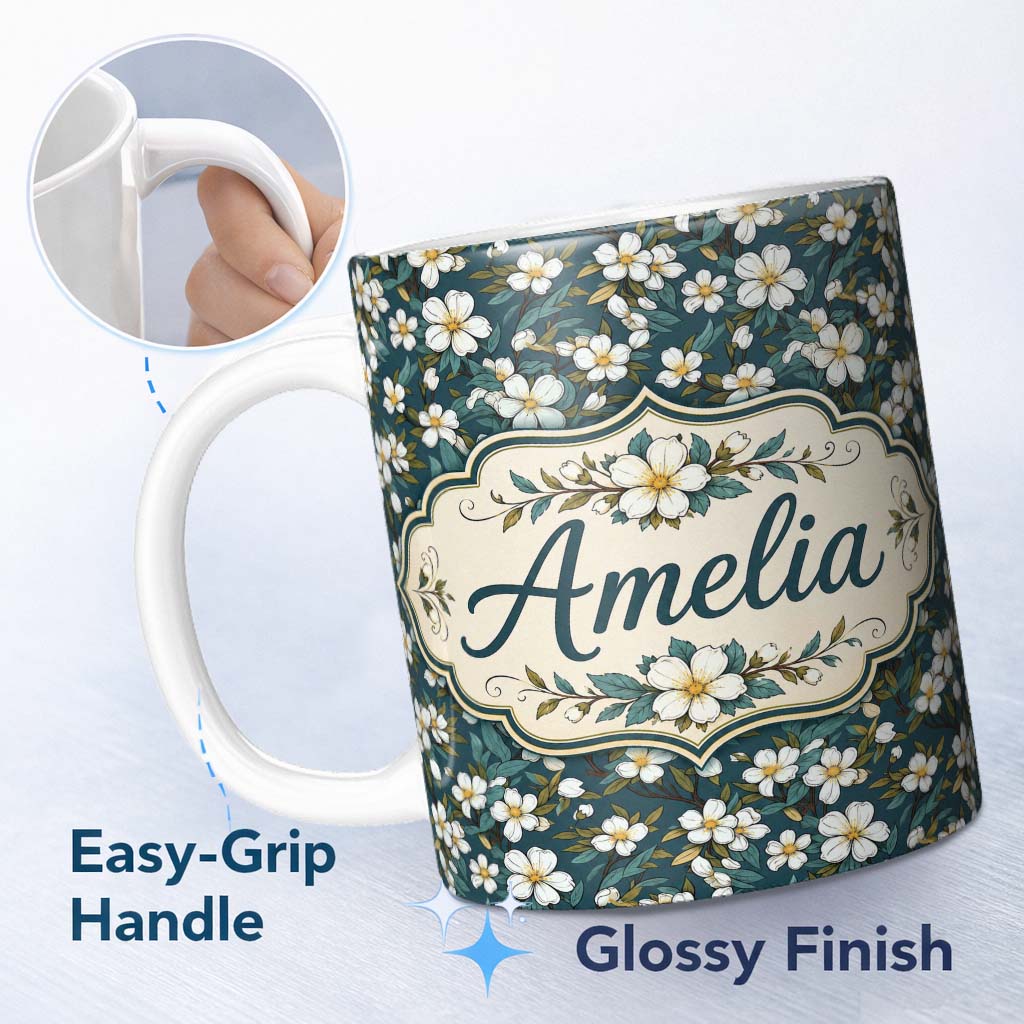Personalized Custom Name Teal Background White Floral Botanical Pattern with Detailed Leaves 11oz Ceramic Coffee Tea Mug White Large Handle
