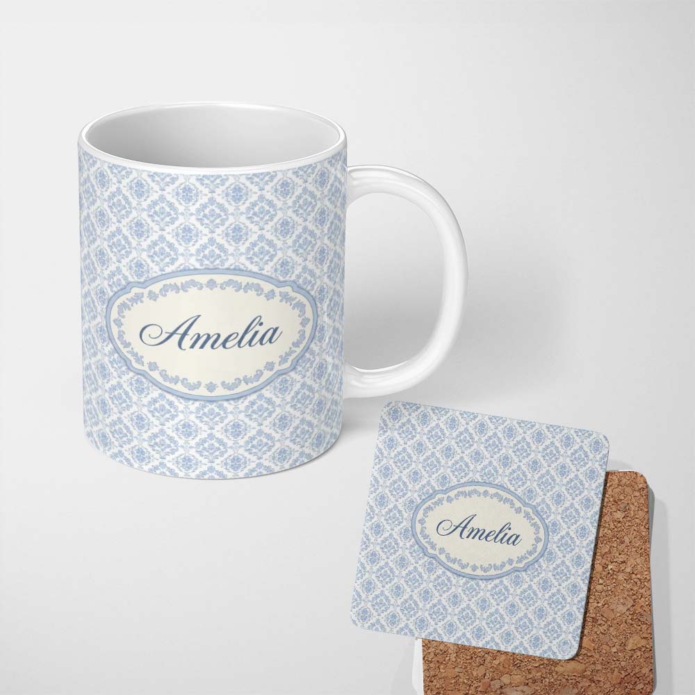 Personalized Custom Name Vintage Blue Damask Classic Seamless Pattern Cute Unique Gift Lovely 11oz Ceramic Coffee Tea Mug White Large Handle