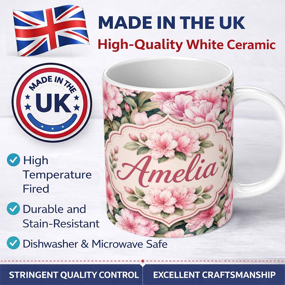 Personalized Custom Name Soft Pink Azalea Flowers Dense Botanical Seamless Pattern Lovely 11oz Ceramic Coffee Tea Mug White Large Handle