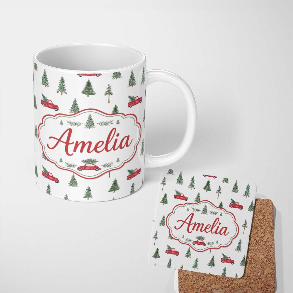 Personalized Custom Name Watercolor Christmas Trees Red Truck Winter Forest Seamless Pattern 11oz Ceramic Coffee Tea Mug White Large Handle