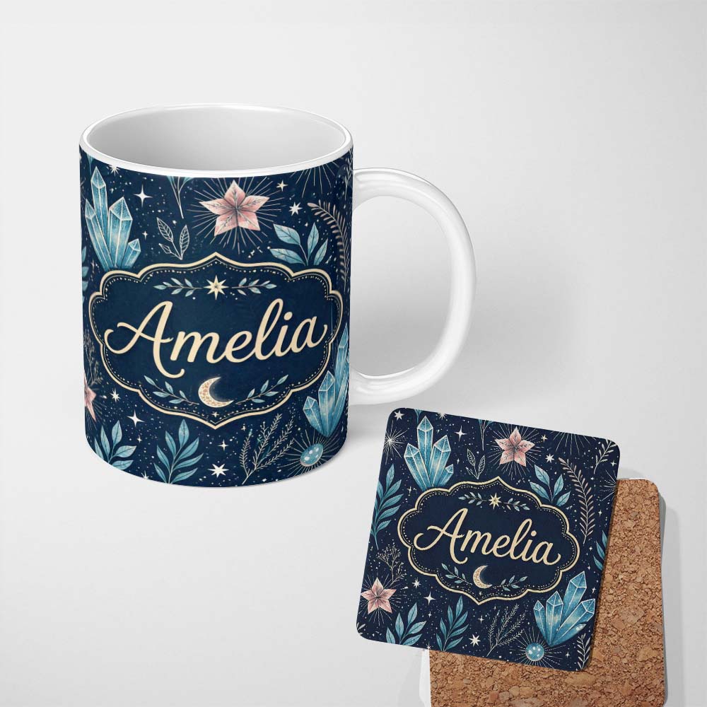 Personalized Custom Name Celestial Butterfly Moon Stars Night Sky Botanical Seamless Pattern 11oz Ceramic Coffee Tea Mug White Large Handle