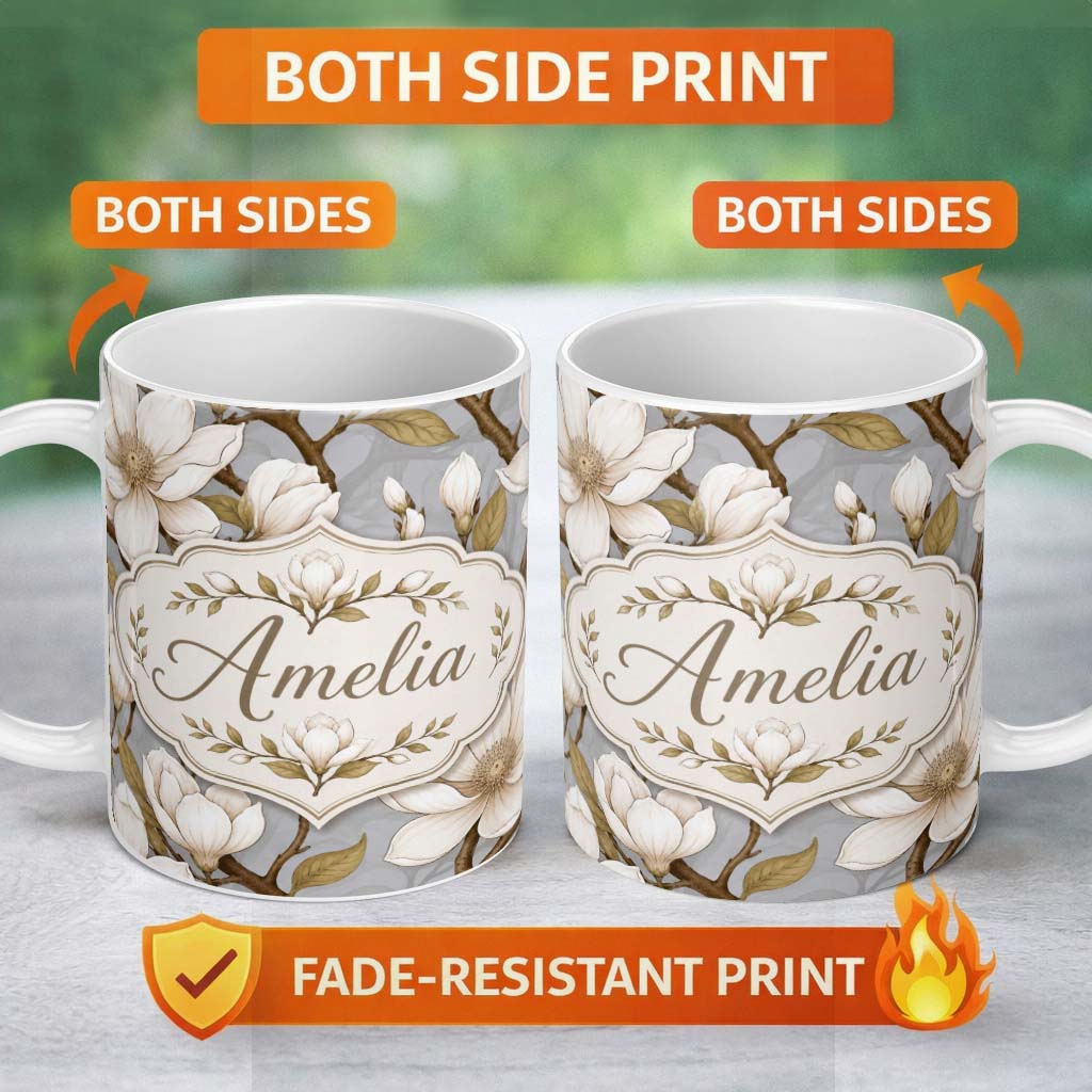 Personalized Custom Name Vintage Style Magnolia Flowers with Branches Seamless Pattern Lovely 11oz Ceramic Coffee Tea Mug White Large Handle