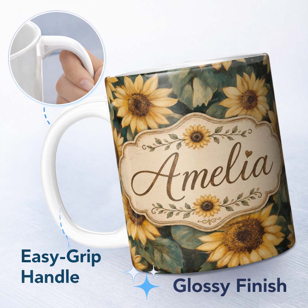 Personalized Custom Name Rich Painterly Sunflower Floral Dark Background Seamless Pattern 11oz Ceramic Coffee Tea Mug White Large Handle