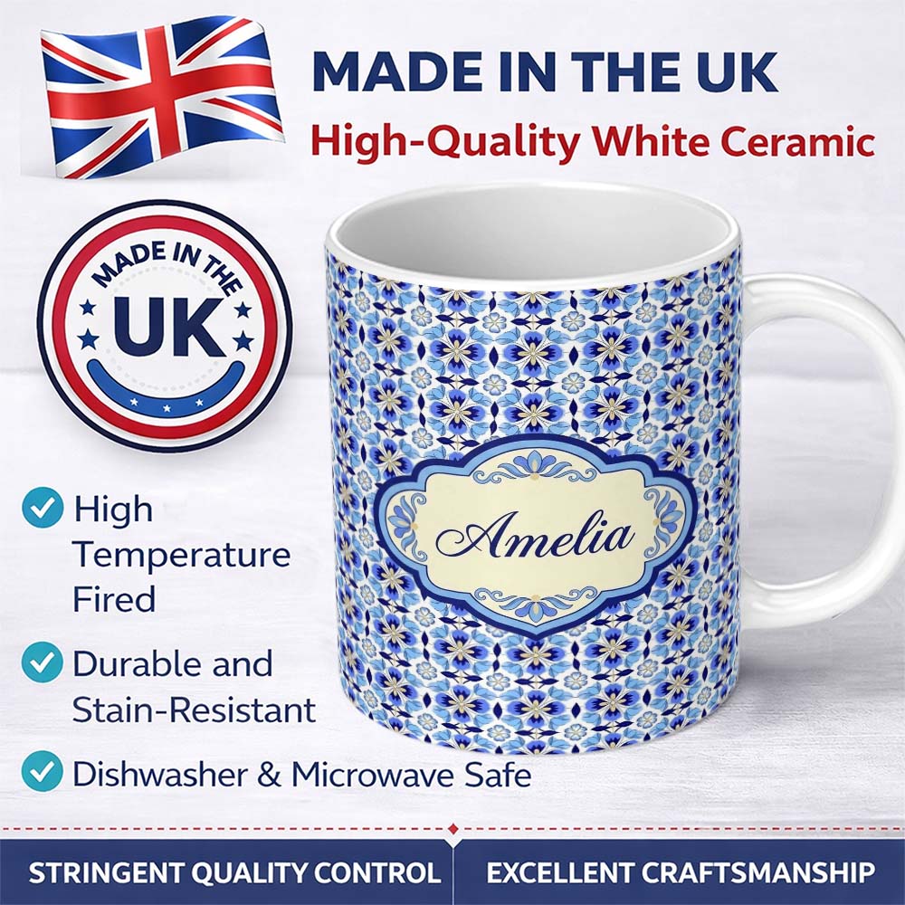 Personalized Custom Name Blue Floral Tile Geometric Seamless Pattern Ornamental Repeat Design 11oz Ceramic Coffee Tea Mug White Large Handle