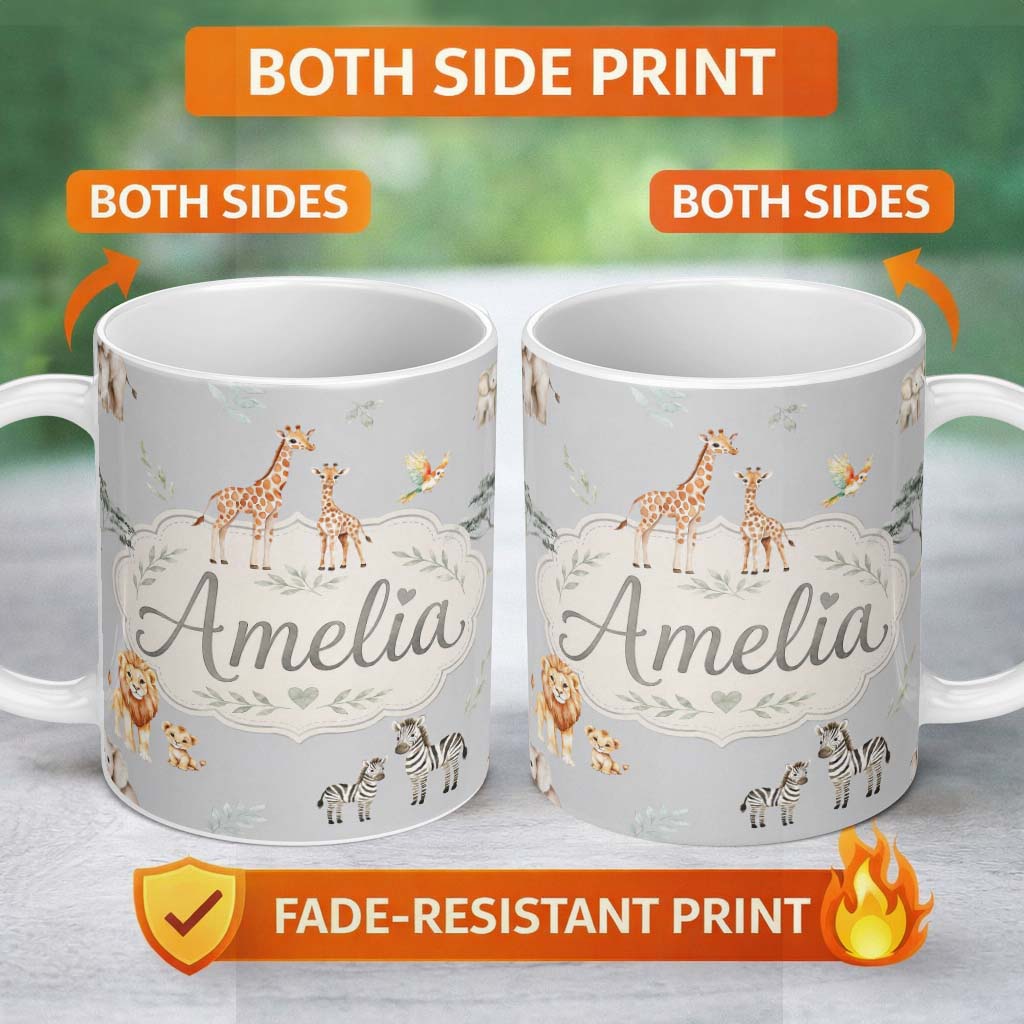 Personalized Custom Name Cute Safari Animals Giraffe Lion Zebra on Grey Background Seamless 11oz Ceramic Coffee Tea Mug White Large Handle