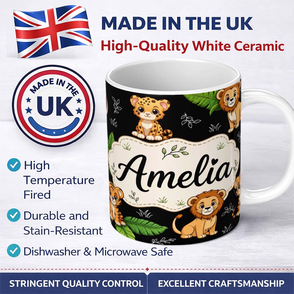 Personalized Custom Name Cute Jungle Animals Lion Tiger Leopard Tropical Leaves Black Lovely 11oz Ceramic Coffee Tea Mug White Large Handle