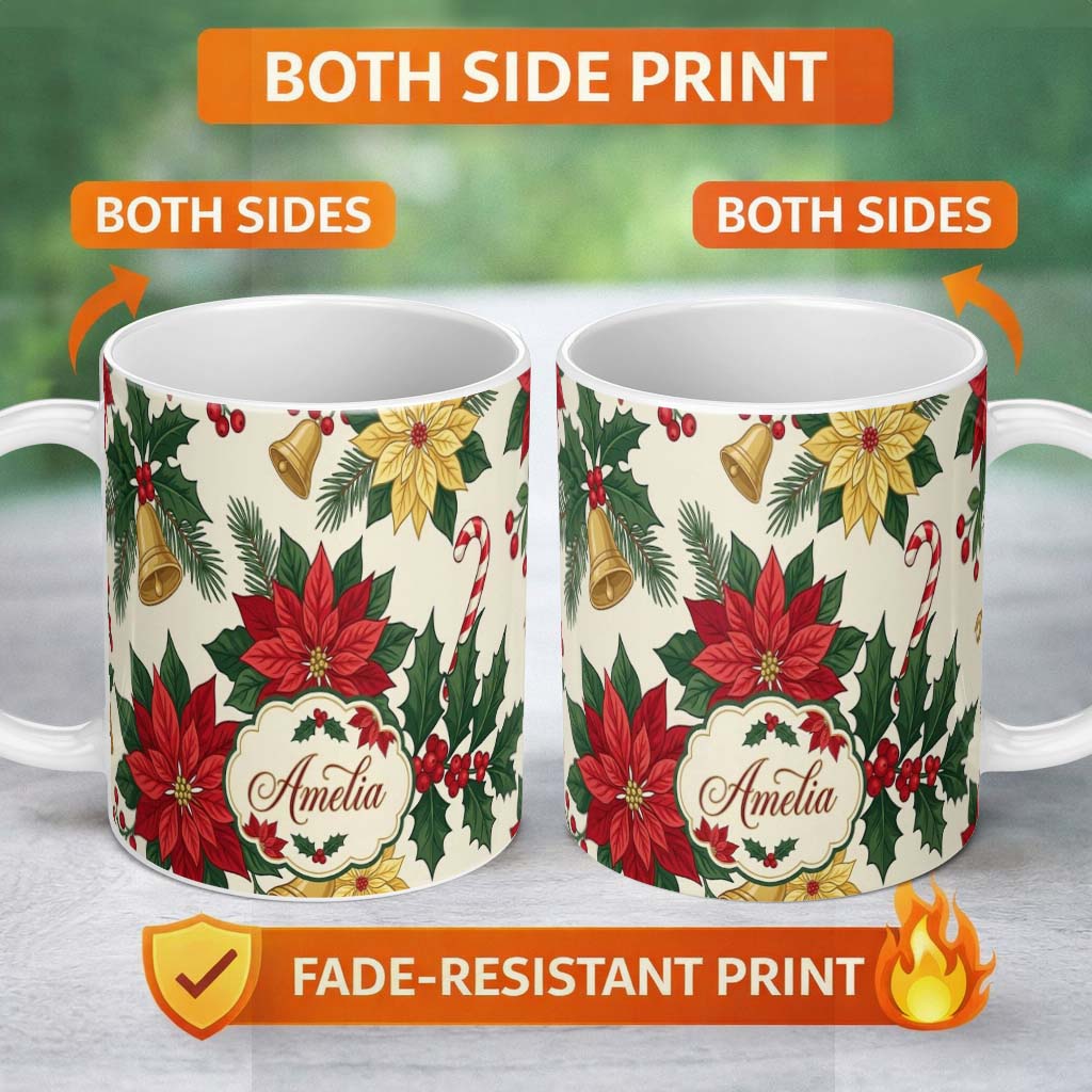 Personalized Custom Name Vintage Holly Leaves Bells Poinsettia and Festive Botanical Seamless 11oz Ceramic Coffee Tea Mug White Large Handle
