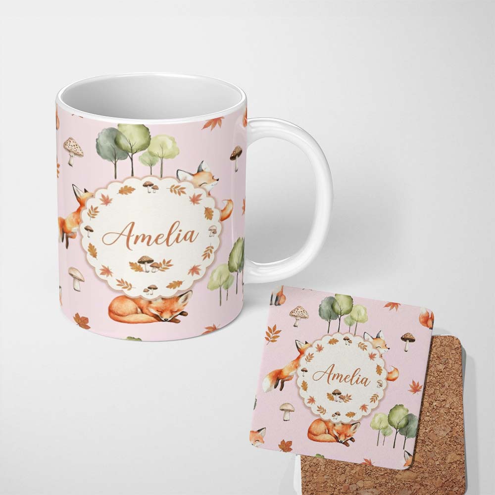 Personalized Custom Name Watercolor Woodland Fox Mushroom Autumn on Dusty Pink Background 11oz Ceramic Coffee Tea Mug White Large Handle