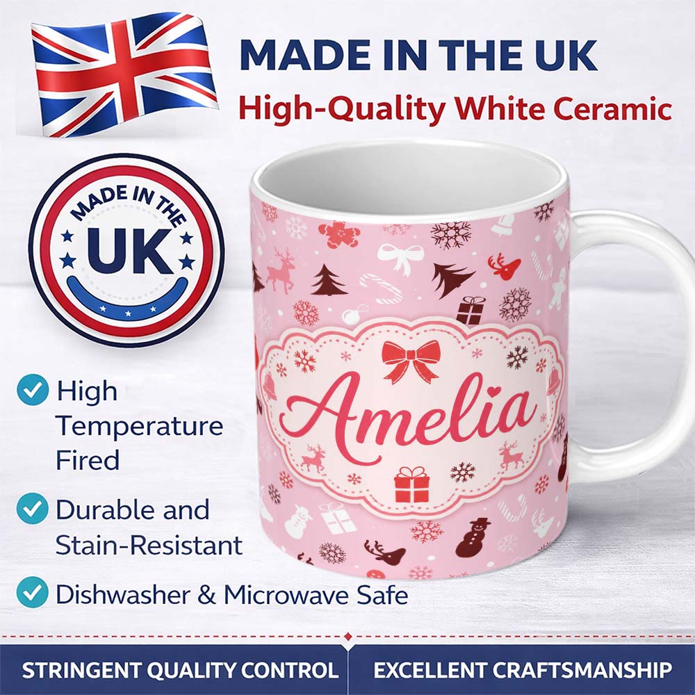 Personalized Custom Name Festive Red White Christmas Mixed Seamless Pattern Cute Unique Gift 11oz Ceramic Coffee Tea Mug White Large Handle