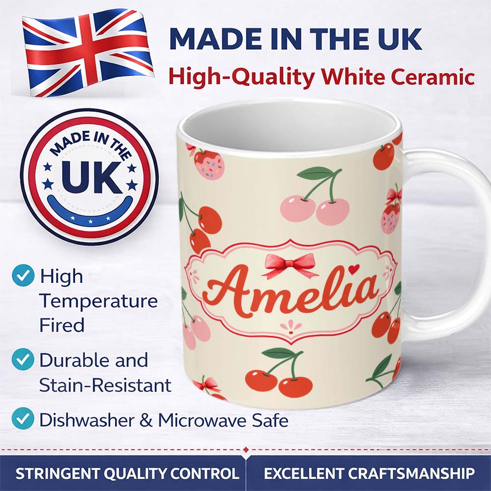 Personalized Custom Name Cherry Fruit Blue Gingham Picnic Check Seamless Pattern Lovely 11oz Ceramic Coffee Tea Mug White Large Handle
