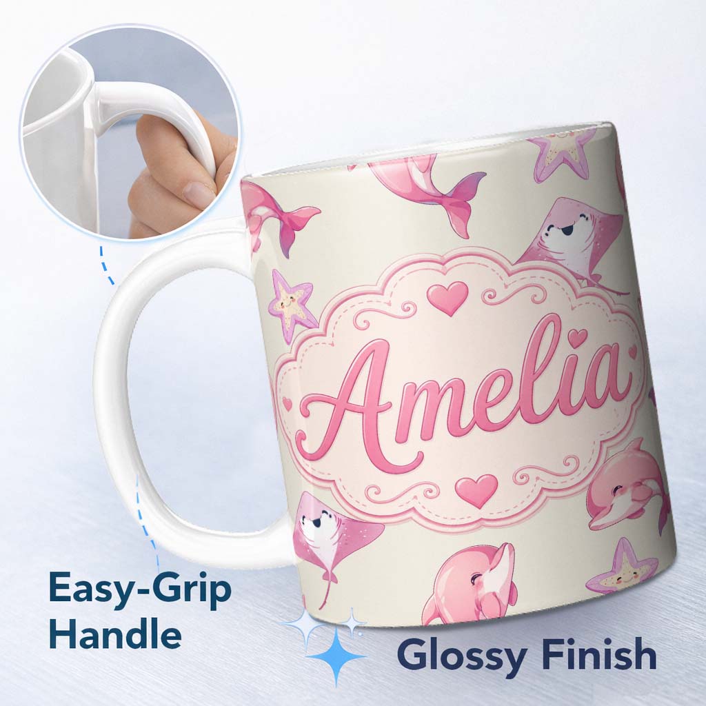 Personalized Custom Name Cute Pink Dolphin Stingray Starfish Ocean Creatures Light Beige 11oz Ceramic Coffee Tea Mug White Large Handle