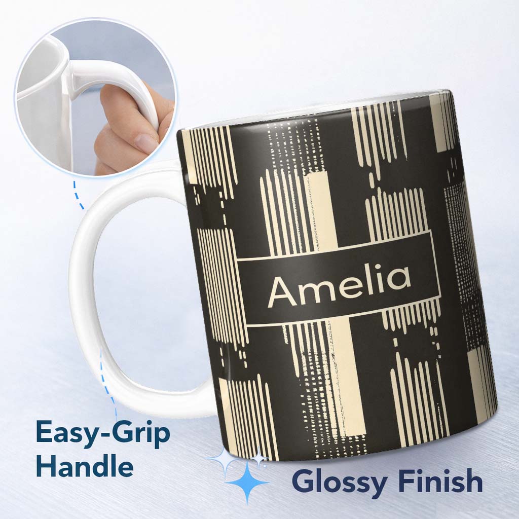 Personalized Custom Name Vertical Stripe Blocks Black Cream Hand Drawn Linear Pattern Lovely 11oz Ceramic Coffee Tea Mug White Large Handle