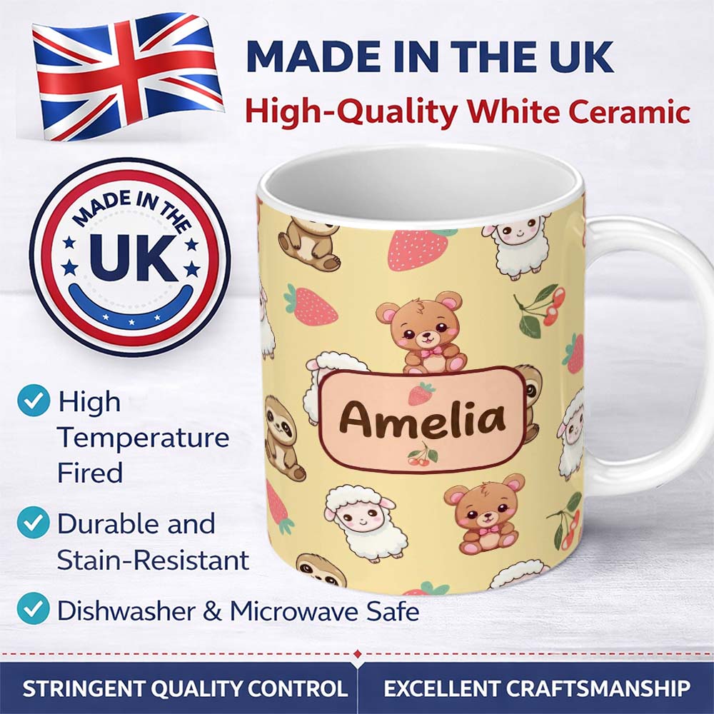 Personalized Custom Name Cute Cute Animals Bear Sloth Sheep Strawberry Pattern Warm Beige 11oz Ceramic Coffee Tea Mug White Large Handle