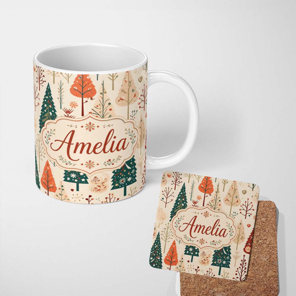 Personalized Custom Name Scandinavian Style Christmas Trees Forest Seamless Pattern Lovely 11oz Ceramic Coffee Tea Mug White Large Handle