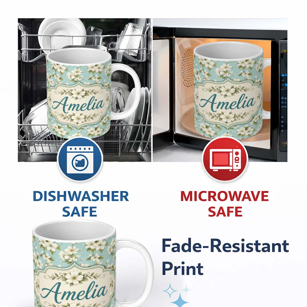 Personalized Custom Name Light Blue Background Delicate White Flower Branch Pattern Botanical 11oz Ceramic Coffee Tea Mug White Large Handle