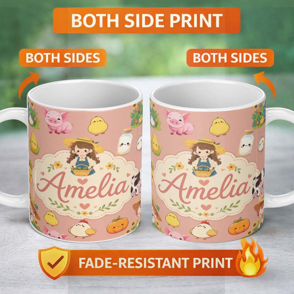 Personalized Custom Name Cute Farm Animals Girl Pig Cow Chicken Peach Background Seamless 11oz Ceramic Coffee Tea Mug White Large Handle