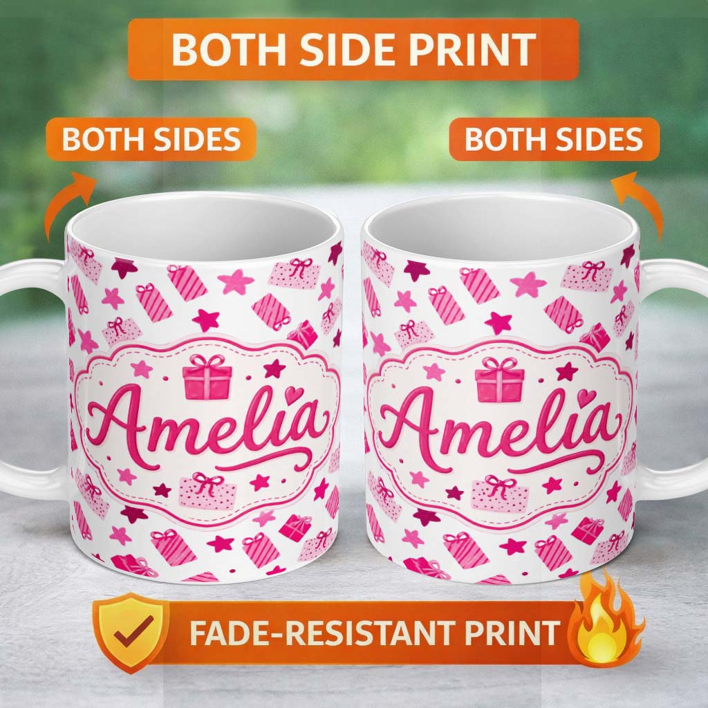 Personalized Custom Name Cute Pink Christmas Gifts Stars Hand Drawn Seamless Pattern Lovely 11oz Ceramic Coffee Tea Mug White Large Handle