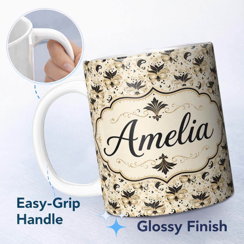 Personalized Custom Name Classic Black and Gold Floral Masquerade Mask Pattern on Cream 11oz Ceramic Coffee Tea Mug White Large Handle