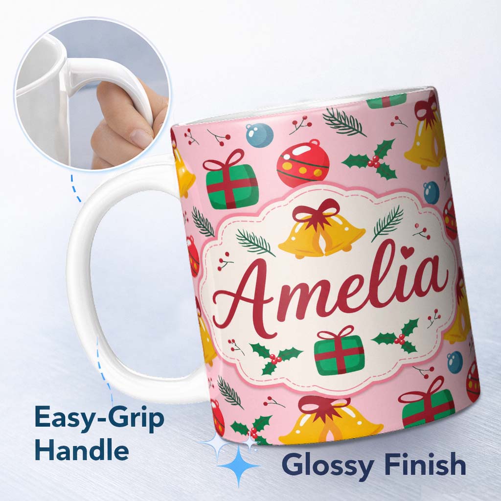 Personalized Custom Name Cute Christmas Bells Baubles Holly Gift Seamless Pattern Lovely 11oz Ceramic Coffee Tea Mug White Large Handle