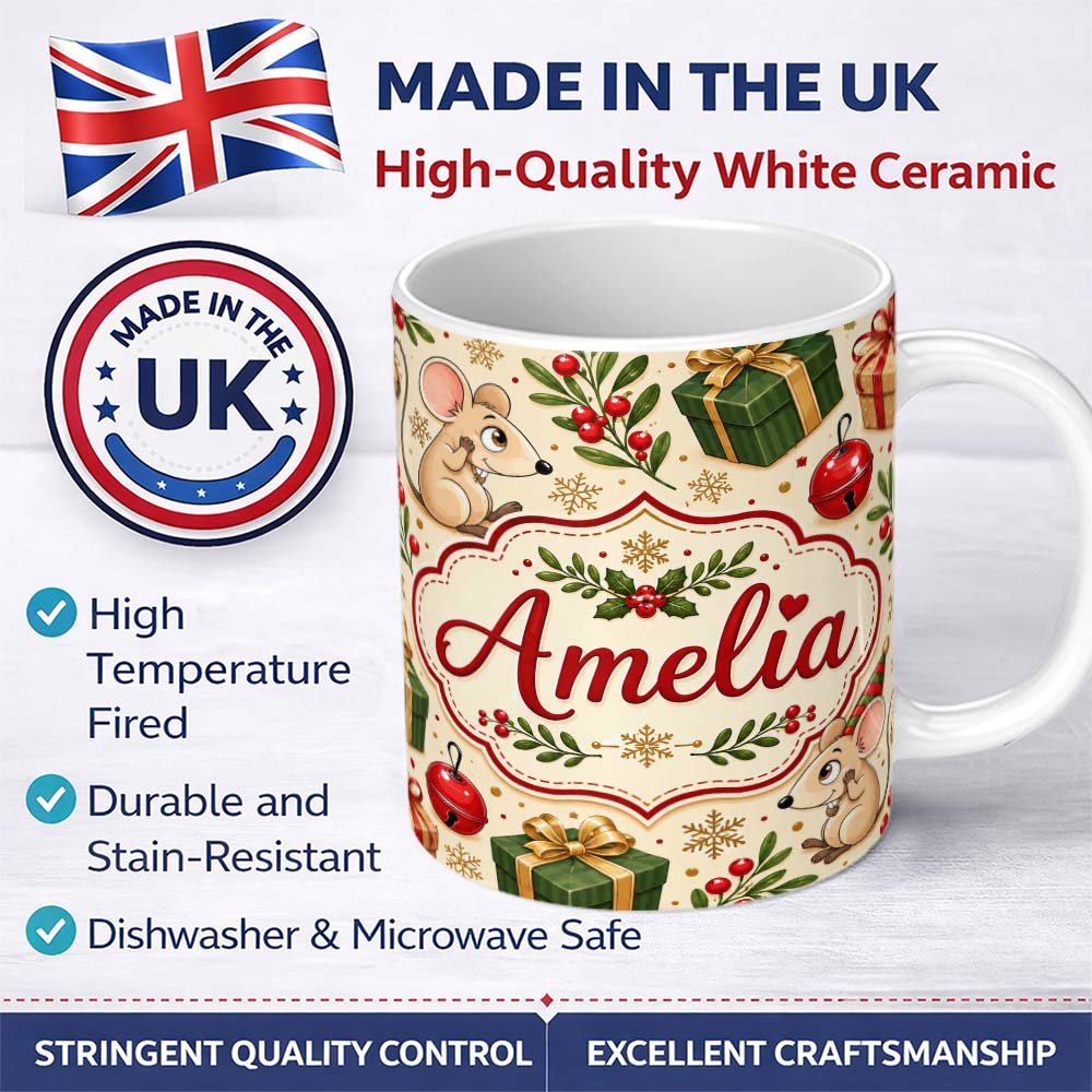 Personalized Custom Name Cute Christmas Mouse with Gifts Berries and Snowflakes Seamless 11oz Ceramic Coffee Tea Mug White Large Handle
