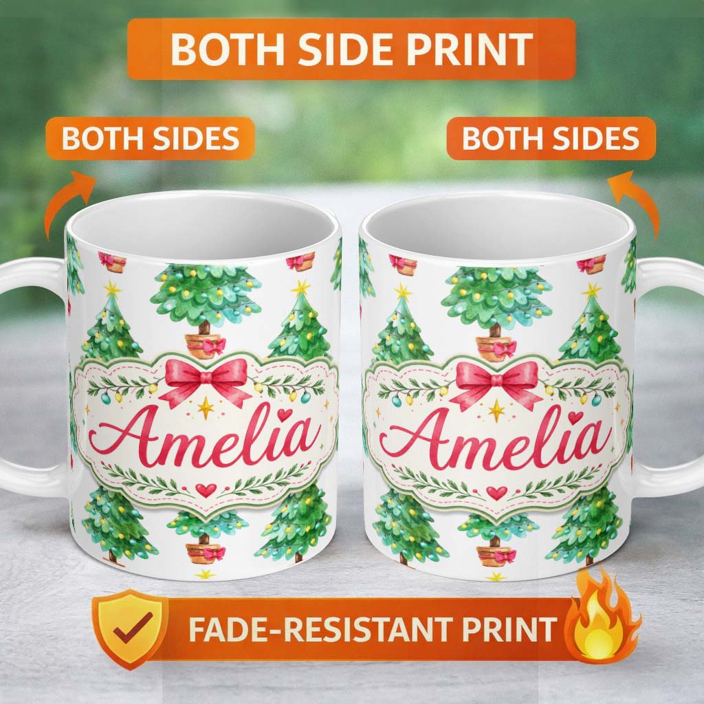 Personalized Custom Name Watercolor Christmas Trees with Lights and Stars Cute Seamless 11oz Ceramic Coffee Tea Mug White Large Handle
