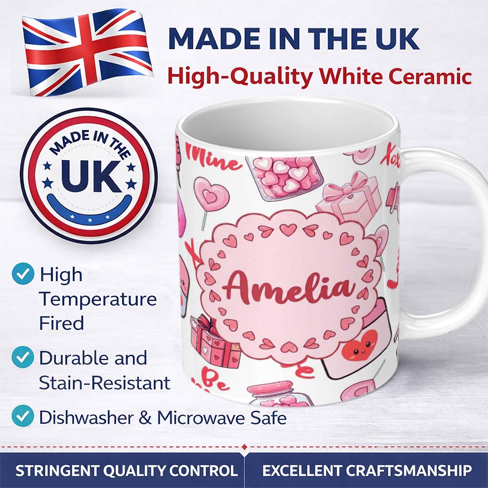 Personalized Custom Name Cute Kawaii Valentine Love Hearts Syringe Gift Calendar White Lovely 11oz Ceramic Coffee Tea Mug White Large Handle
