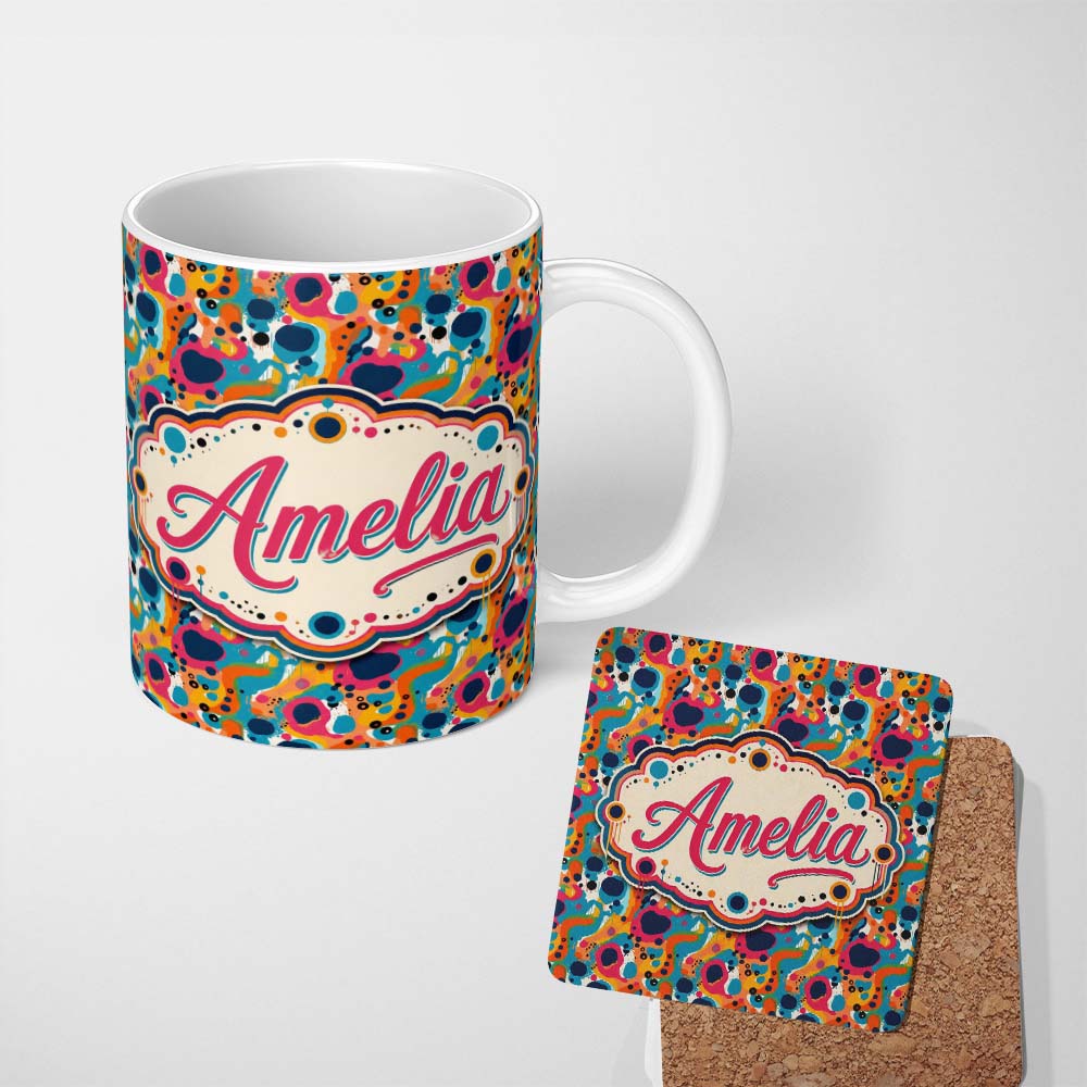 Personalized Custom Name Vibrant Abstract Organic Shapes Seamless Pattern Bold Colorful 11oz Ceramic Coffee Tea Mug White Large Handle