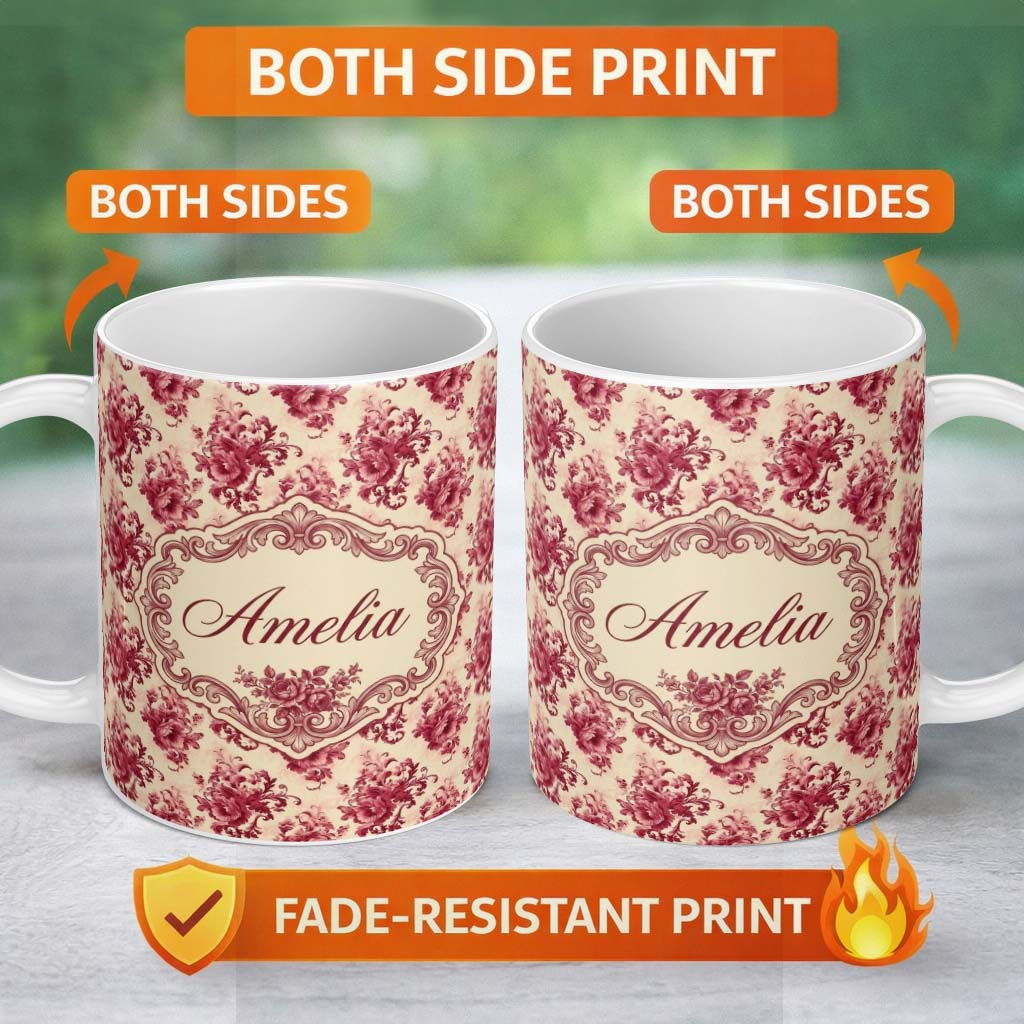 Personalized Custom Name Vintage Red Floral Bouquet Damask Seamless Pattern Cute Unique Gift 11oz Ceramic Coffee Tea Mug White Large Handle
