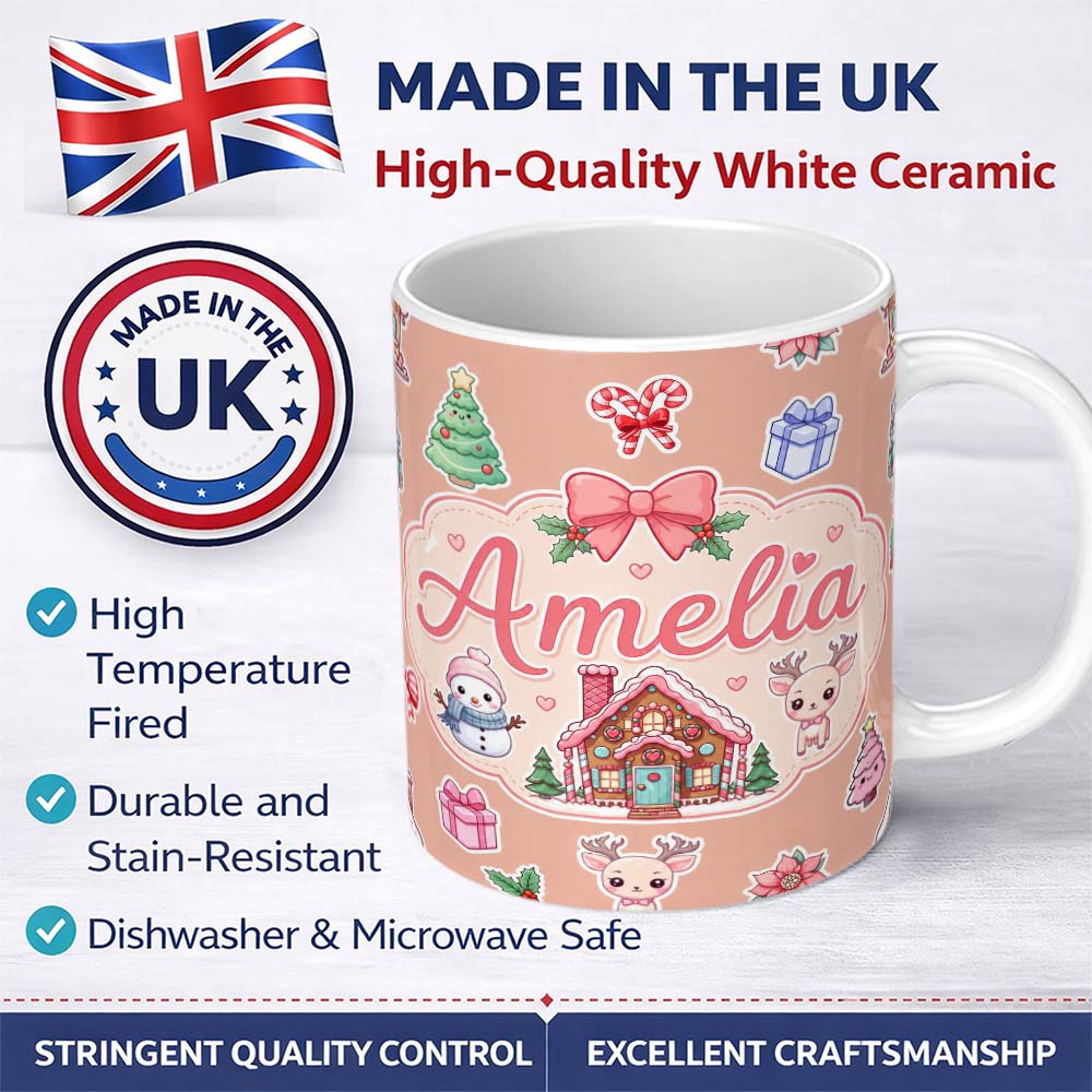 Personalized Custom Name Cute Christmas Festive Stickers Gingerbread House Tree Beige Lovely 11oz Ceramic Coffee Tea Mug White Large Handle