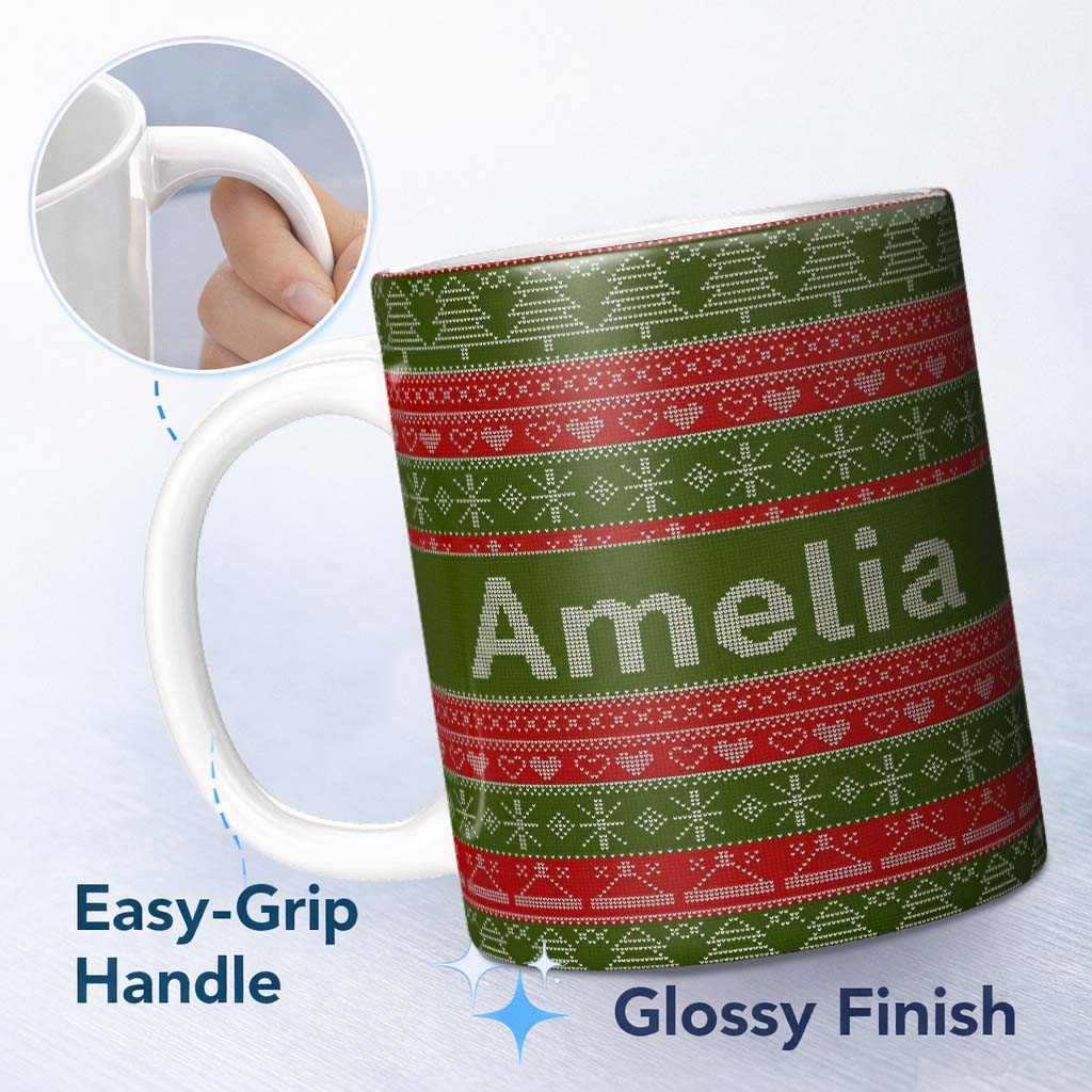 Personalized Custom Name Green Red Nordic Christmas Tree Snowflake Fair Isle Seamless Pattern 11oz Ceramic Coffee Tea Mug White Large Handle