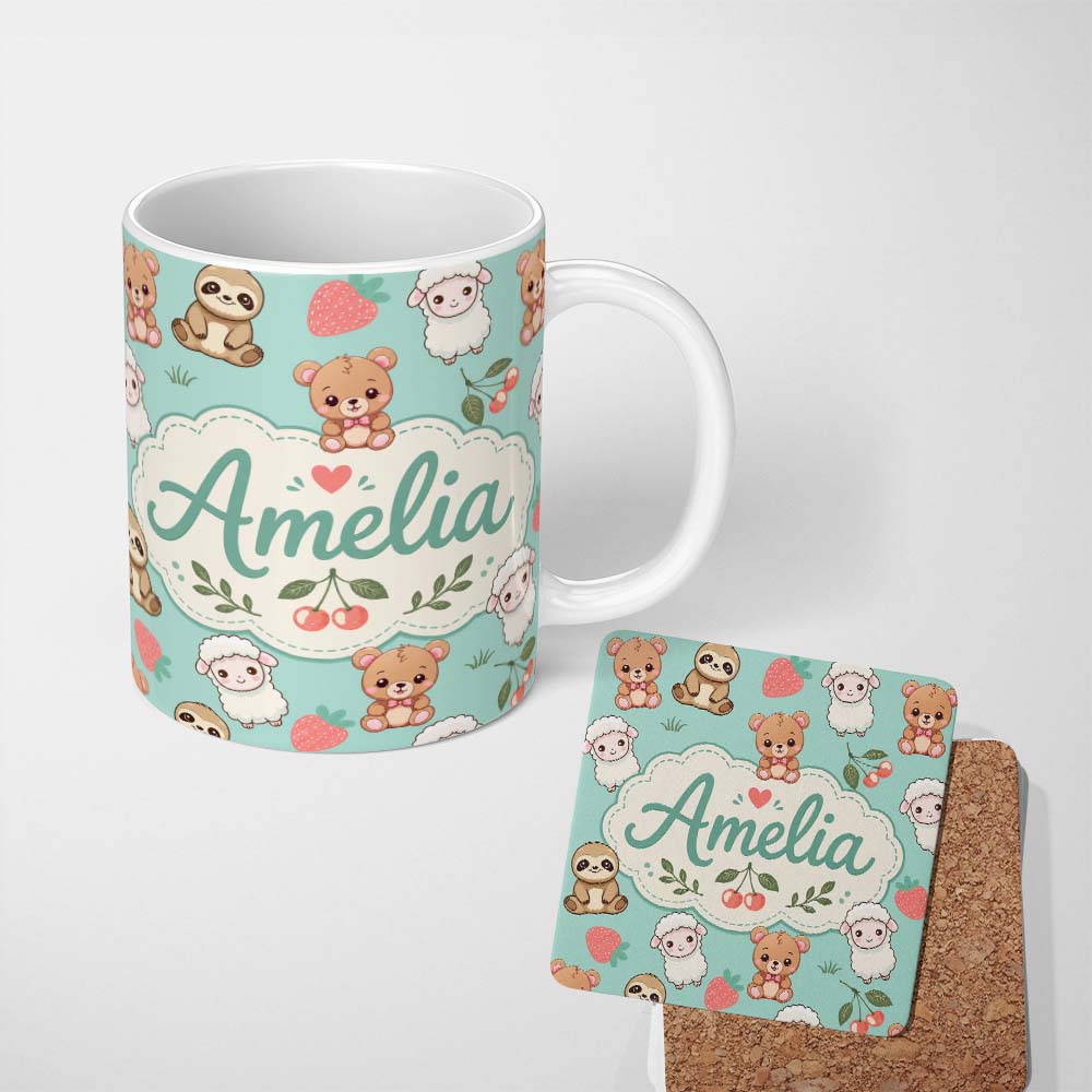 Personalized Custom Name Cute Cute Baby Animals Bear Sheep Sloth Strawberry Cherry Mint 11oz Ceramic Coffee Tea Mug White Large Handle